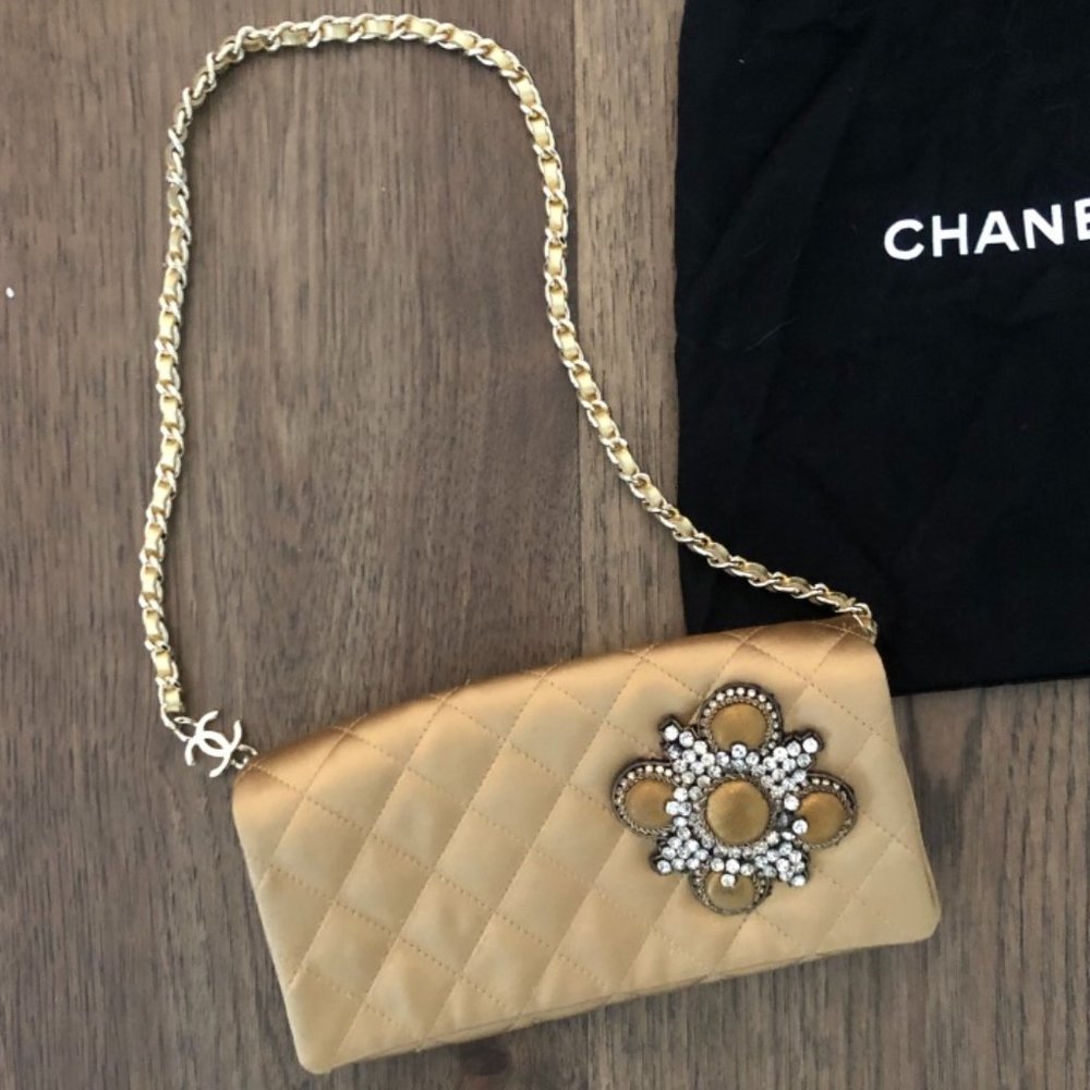 CHANEL Rare Gold Satin Evening Bag with Jewel Camellia